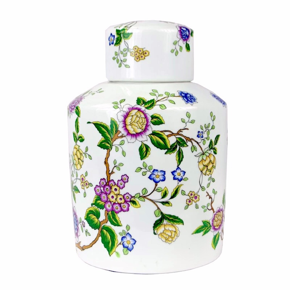 WHITE FLORAL GINGER CERAMIC TEA / CANISTER NEW Manderson Green